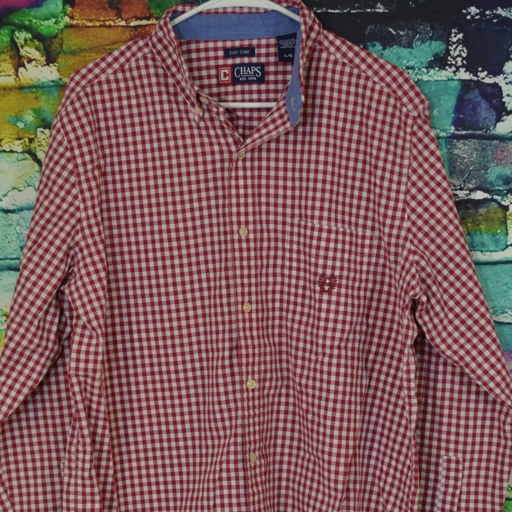 Chaps Mens Red/White Easy Care Button Down Shirt L